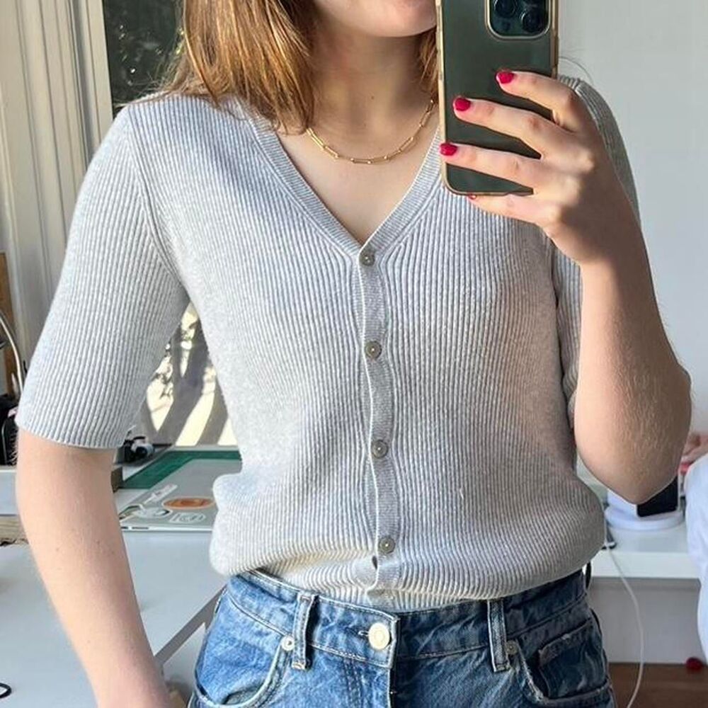A New Day Women's Grey Mid Length Button Up Sweater